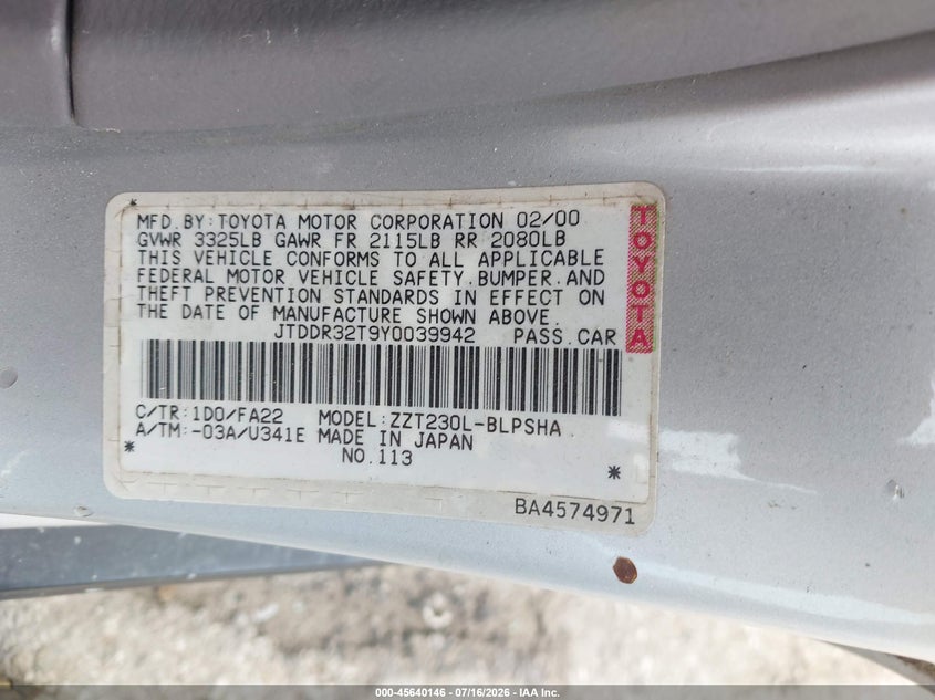 2000 Toyota Celica VIN JTDDR32T9Y0039942 IAAI salvage auction — SIDE, Salvage - Greater Than 75% (Maryland), sold $400 on 2026-08-01 (photo 9)