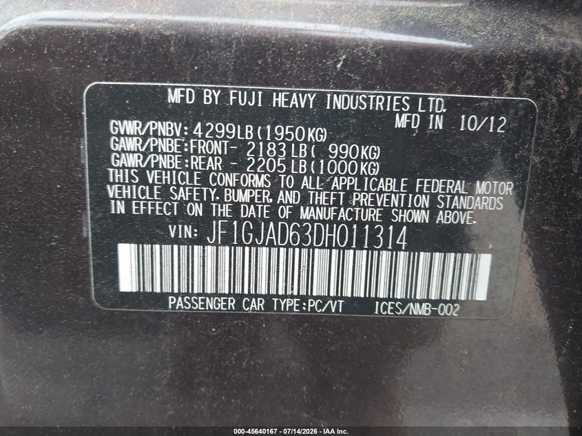 2013 Subaru Impreza VIN JF1GJAD63DH011314 IAAI salvage auction — NORMAL WEAR, Salvage Title, sold $725 on 2026-07-27 (photo 9)
