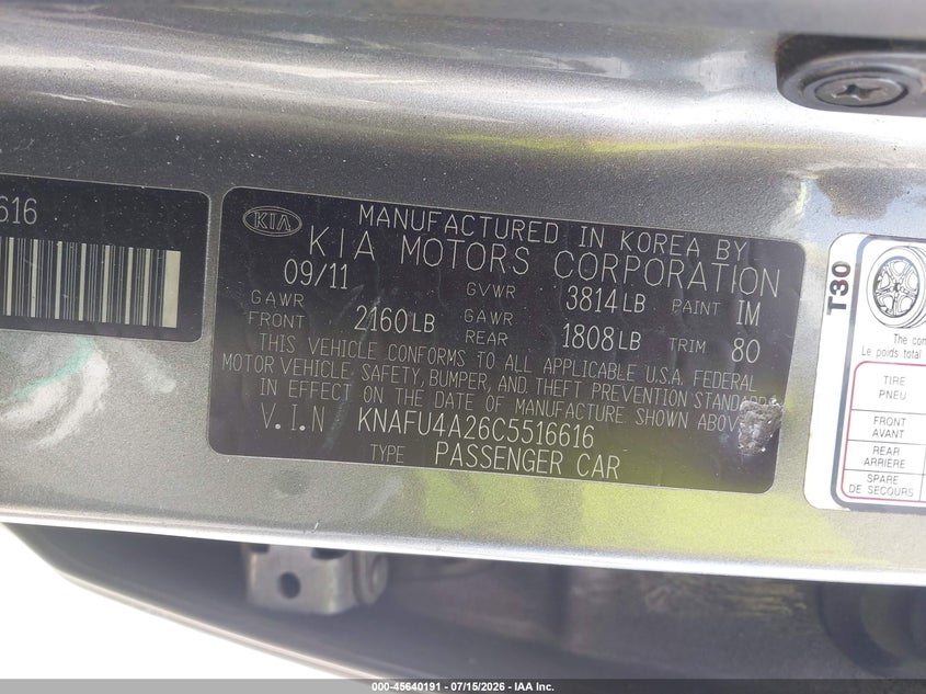 2012 Kia Forte VIN KNAFU4A26C5516616 IAAI salvage auction — REAR END, Rebuildable (Florida), sold $250 on 2026-07-22 (photo 9)