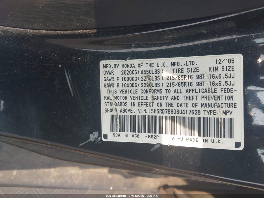 2006 Honda Cr-v VIN SHSRD78906U417628 IAAI salvage auction — NORMAL WEAR, Clear (New York), sold $25 on 2026-07-28 (photo 9)