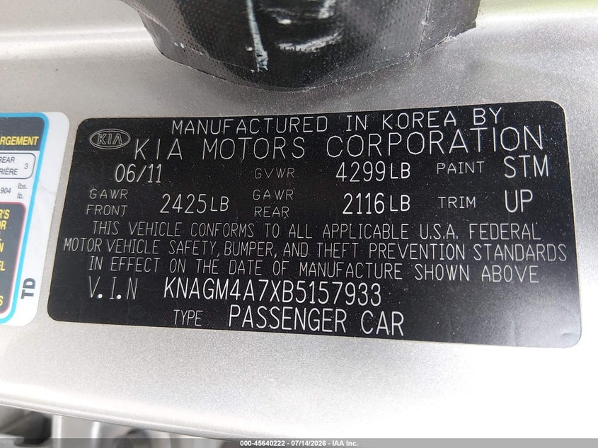 2011 Kia Optima VIN KNAGM4A7XB5157933 IAAI salvage auction — NORMAL WEAR, Regular (Nevada), sold $400 on 2026-07-17 (photo 9)