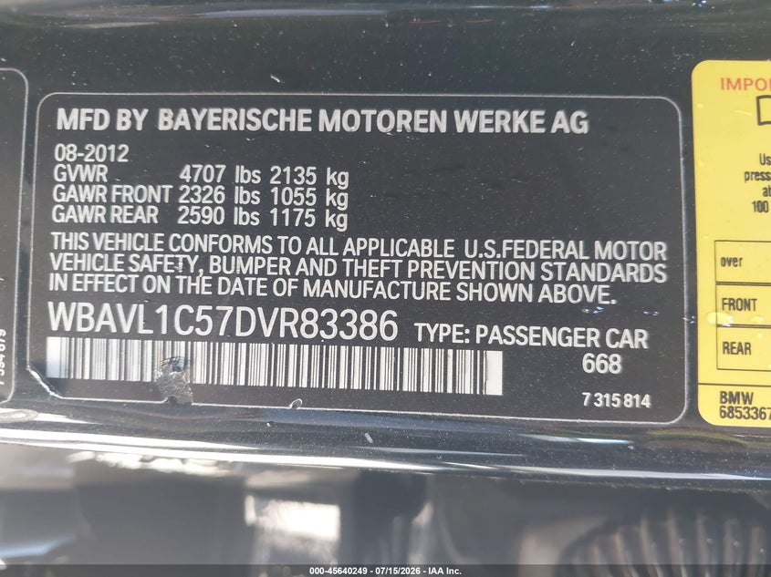 2013 BMW X1 VIN WBAVL1C57DVR83386 IAAI salvage auction — NORMAL WEAR, Clear - Dealer Only (California), sold $575 on 2026-07-22 (photo 9)