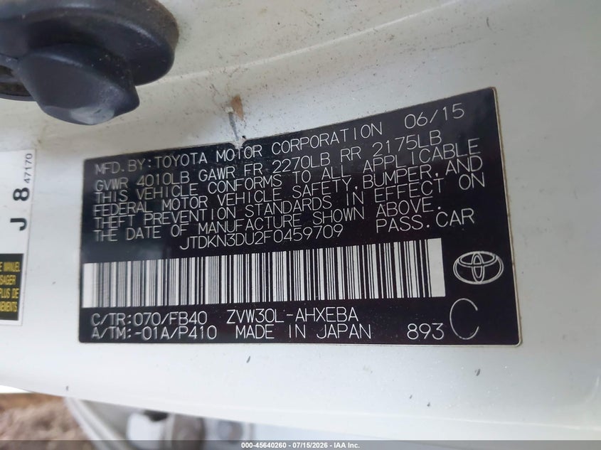 2015 Toyota Prius VIN JTDKN3DU2F0459709 IAAI salvage auction — NORMAL WEAR, Clear-Dealer Only (Arizona), sold $25 on 2026-07-28 (photo 9)