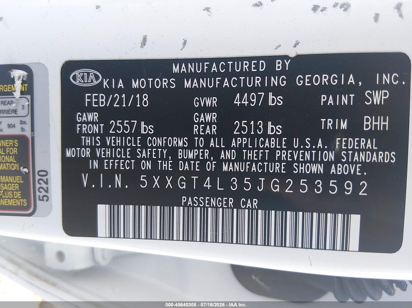 2018 Kia Optima VIN 5XXGT4L35JG253592 IAAI salvage auction — THEFT, Clear (South Carolina), sold $1,600 on 2026-08-02 (photo 9)