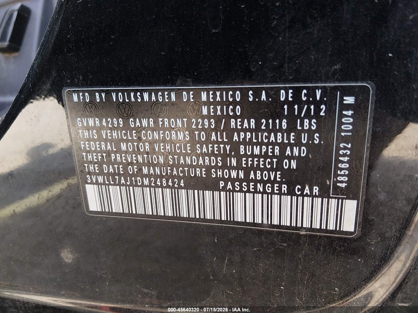 2013 Volkswagen Jetta VIN 3VWLL7AJ1DM248424 IAAI salvage auction — NORMAL WEAR, Clear (Colorado), sold $650 on 2026-07-31 (photo 9)