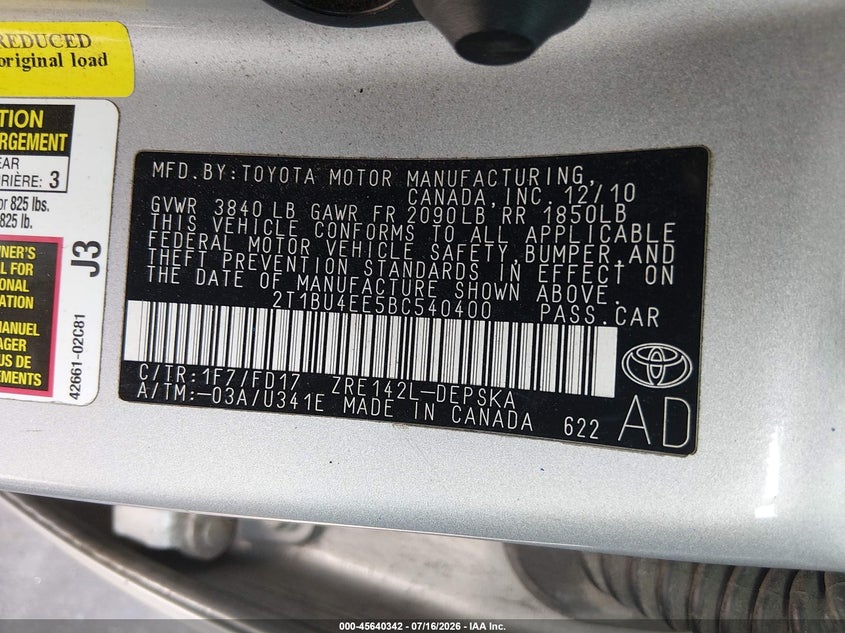 2011 Toyota Corolla VIN 2T1BU4EE5BC540400 IAAI salvage auction — REAR END, Salvage (North Carolina), sold $2,050 on 2026-08-05 (photo 9)