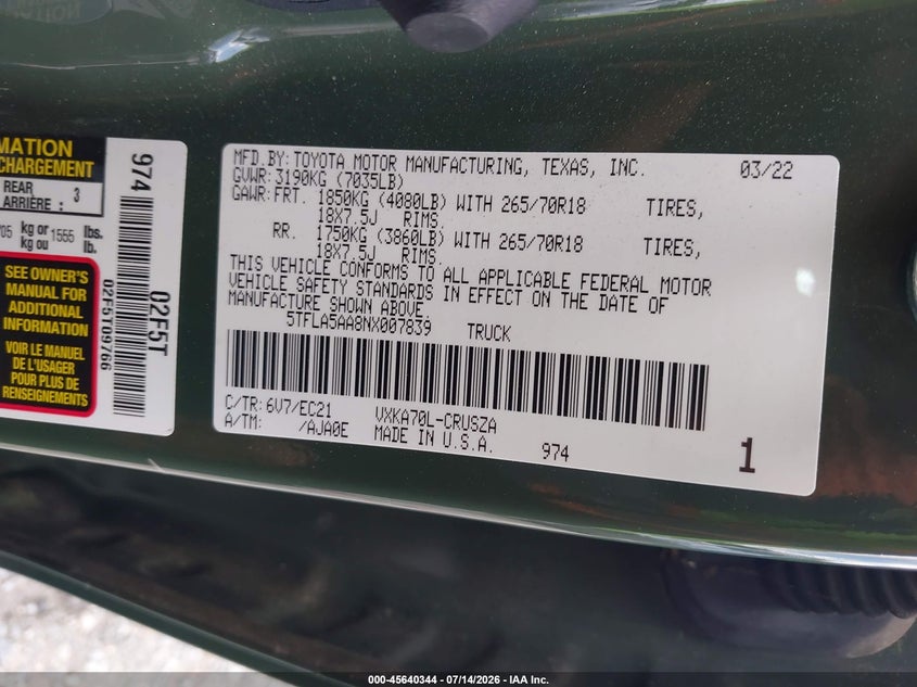 2022 Toyota Tundra VIN 5TFLA5AA8NX007839 IAAI salvage auction — LEFT REAR, Salvage Title, sold $14,925 on 2026-07-20 (photo 9)
