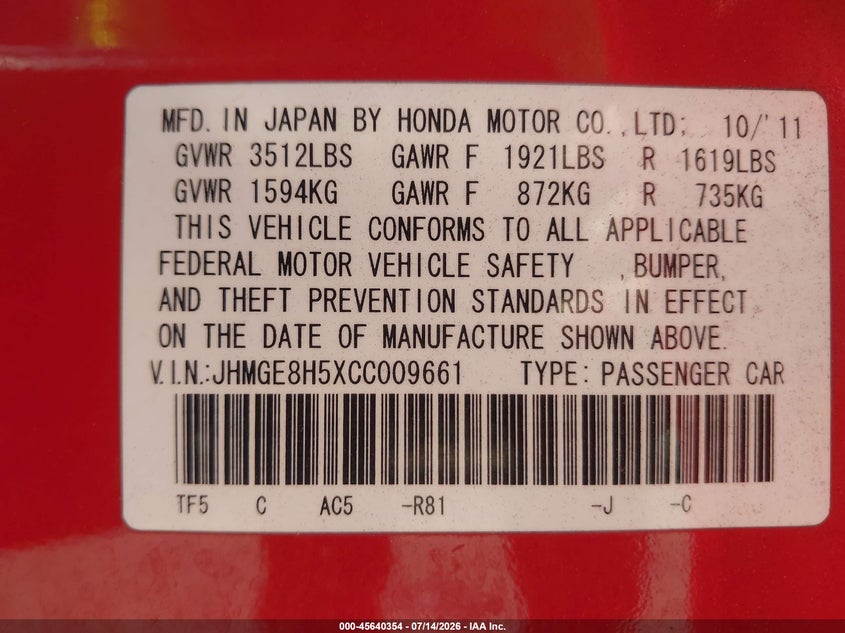 2012 Honda Fit VIN JHMGE8H5XCC009661 IAAI salvage auction — LEFT FRONT, Salvage (California), sold $1,950 on 2026-07-27 (photo 9)