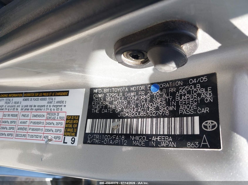2005 Toyota Prius VIN JTDKB20U857027978 IAAI salvage auction — NORMAL WEAR, Clear - Dealer Only (California), sold $850 on 2026-07-23 (photo 9)