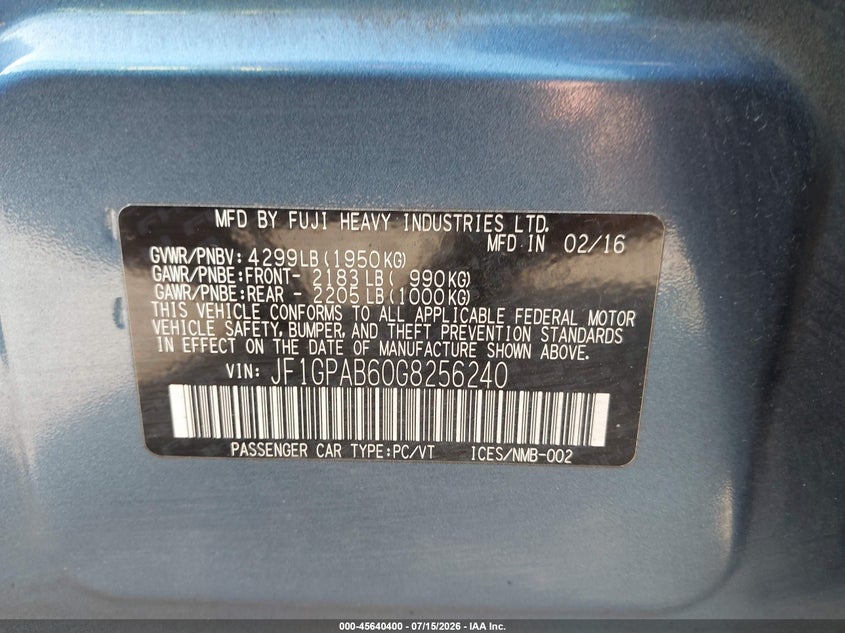 2016 Subaru Impreza VIN JF1GPAB60G8256240 IAAI salvage auction — NORMAL WEAR, Clear (Washington), sold $425 on 2026-07-29 (photo 9)