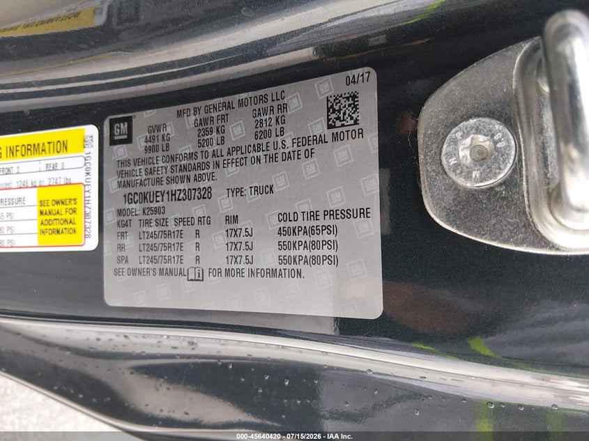 2017 Chevrolet Silverado VIN 1GC0KUEY1HZ307328 IAAI salvage auction — NORMAL WEAR, Sf97 (Georgia), sold $19,000 on 2026-09-09 (photo 9)