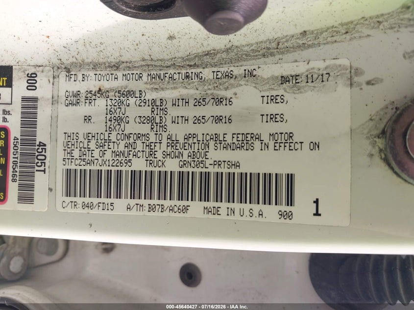 2018 Toyota Tacoma VIN 5TFCZ5AN7JX122695 IAAI salvage auction — FRONT END, Salvage (Pennsylvania), sold $9,300 on 2026-07-29 (photo 9)