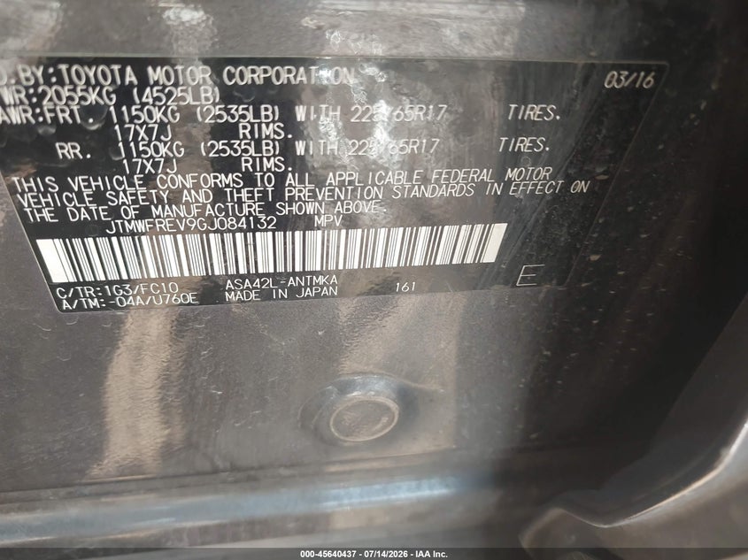 2016 Toyota Rav 4 VIN JTMWFREV9GJ084132 IAAI salvage auction — NORMAL WEAR, Salvage Title, sold $3,825 on 2026-07-30 (photo 9)