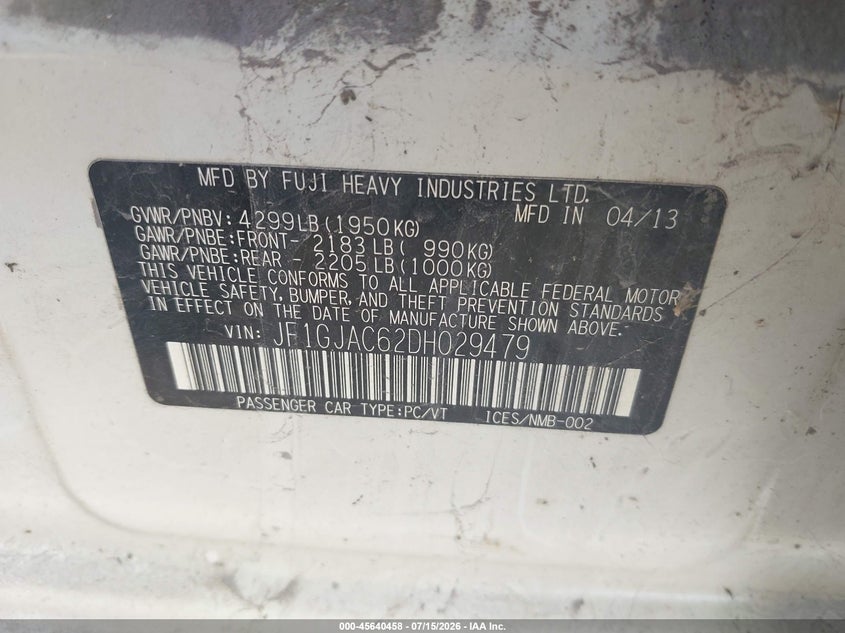 2013 Subaru Impreza VIN JF1GJAC62DH029479 IAAI salvage auction — NORMAL WEAR, Clear (Virginia), sold $1,200 on 2026-07-28 (photo 9)