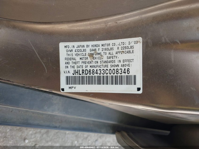 2003 Honda Cr-v VIN JHLRD68433C008346 IAAI salvage auction — NORMAL WEAR, Original (Texas), sold $500 on 2026-07-29 (photo 9)