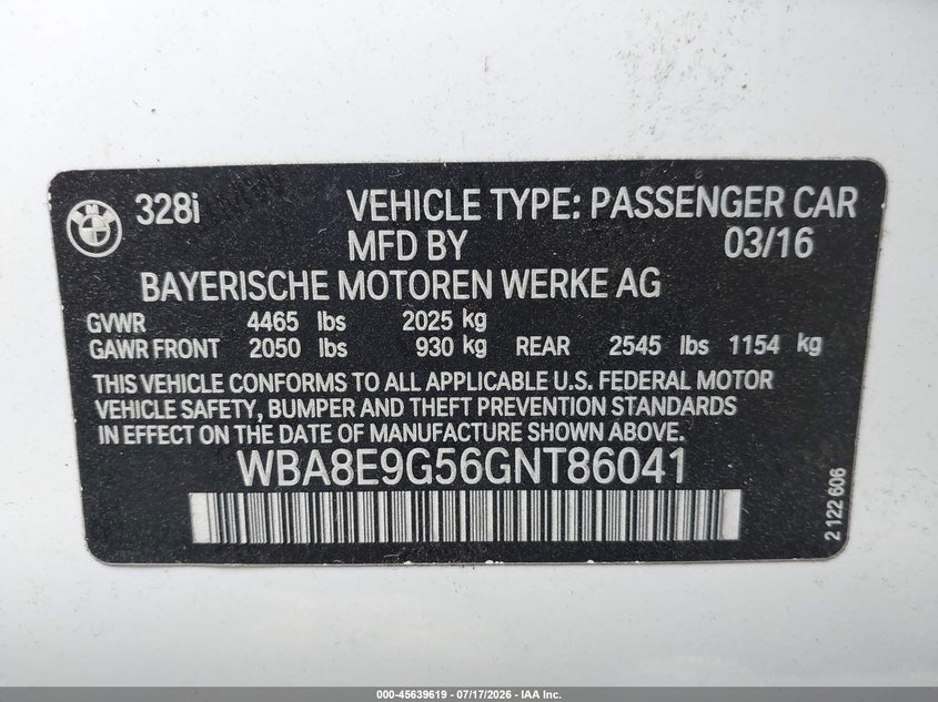 2016 BMW 3er VIN WBA8E9G56GNT86041 IAAI salvage auction — FRONT END, Wait Title, sold $2,075 on 2026-08-12 (photo 9)