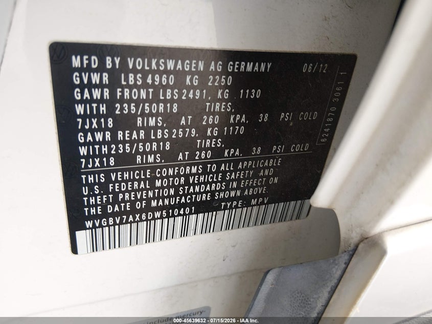 2013 Volkswagen Tiguan VIN WVGBV7AX6DW510401 IAAI salvage auction — FRONT & REAR, Original (Texas), sold $700 on 2026-07-29 (photo 9)