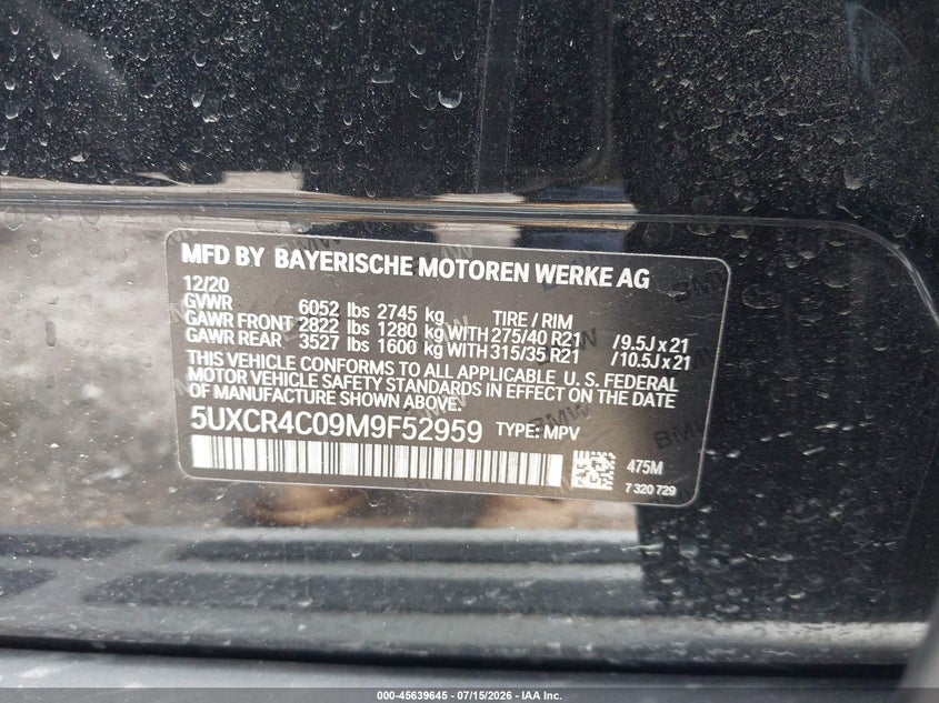 2021 BMW X5 VIN 5UXCR4C09M9F52959 IAAI salvage auction — REAR END, Salvage (Texas), sold $16,000 on 2026-07-29 (photo 9)