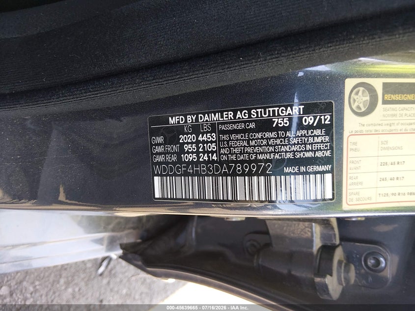 2013 Mercedes-benz C-klasse VIN WDDGF4HB3DA789972 IAAI salvage auction — FRONT END, Salvage Certificate (California), sold $425 on 2026-07-24 (photo 9)