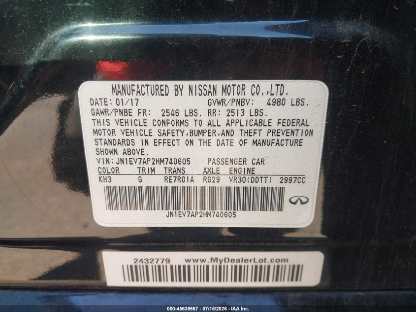 2017 Infiniti Q50 VIN JN1EV7AP2HM740605 IAAI salvage auction — NORMAL WEAR, Clear (Missouri), sold $3,425 on 2026-07-28 (photo 9)