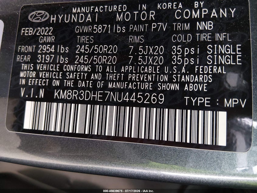 2022 Hyundai Palisade VIN KM8R3DHE7NU445269 IAAI salvage auction — REAR END, Salvage Title, sold $7,500 on 2026-08-20 (photo 9)
