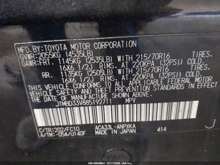 2008 Toyota Rav4 VIN JTMBD33V885192711 IAAI salvage auction — NORMAL WEAR, Salvage Title (New York), sold $25 on 2026-07-22 (photo 9)