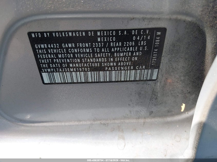 2014 Volkswagen Jetta VIN 3VWPL7AJ3EM619702 IAAI salvage auction — REAR END, Wait Title, sold $800 on 2026-08-14 (photo 9)
