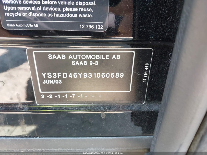 2003 Saab 9-3 VIN YS3FD46Y931060689 IAAI salvage auction — NORMAL WEAR, Clear (Washington), sold $625 on 2026-08-12 (photo 9)