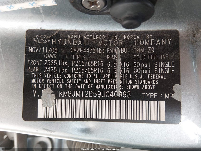2009 Hyundai Tucson VIN KM8JM12B59U040993 IAAI salvage auction — NORMAL WEAR, Clear (Kansas), sold $275 on 2026-07-31 (photo 9)