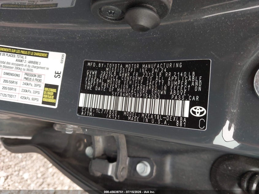 2024 Toyota Corolla VIN 5YFB4MDE1RP164063 IAAI salvage auction — FRONT END, Clear (New Jersey), sold $9,225 on 2026-07-30 (photo 9)