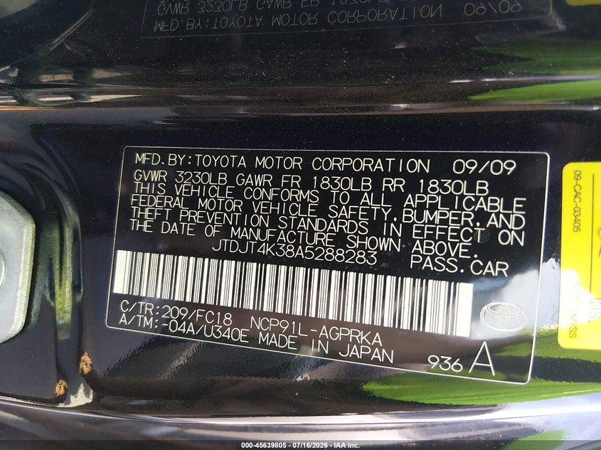2010 Toyota Yaris VIN JTDJT4K38A5288283 IAAI salvage auction — NORMAL WEAR, Clear (New York), sold $175 on 2026-07-29 (photo 9)