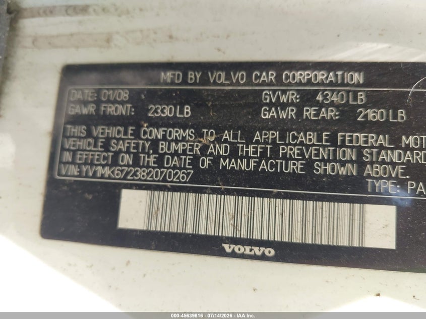 2008 Volvo C30 VIN YV1MK672382070267 IAAI salvage auction — NORMAL WEAR, Original (Ohio), sold $600 on 2026-08-12 (photo 9)