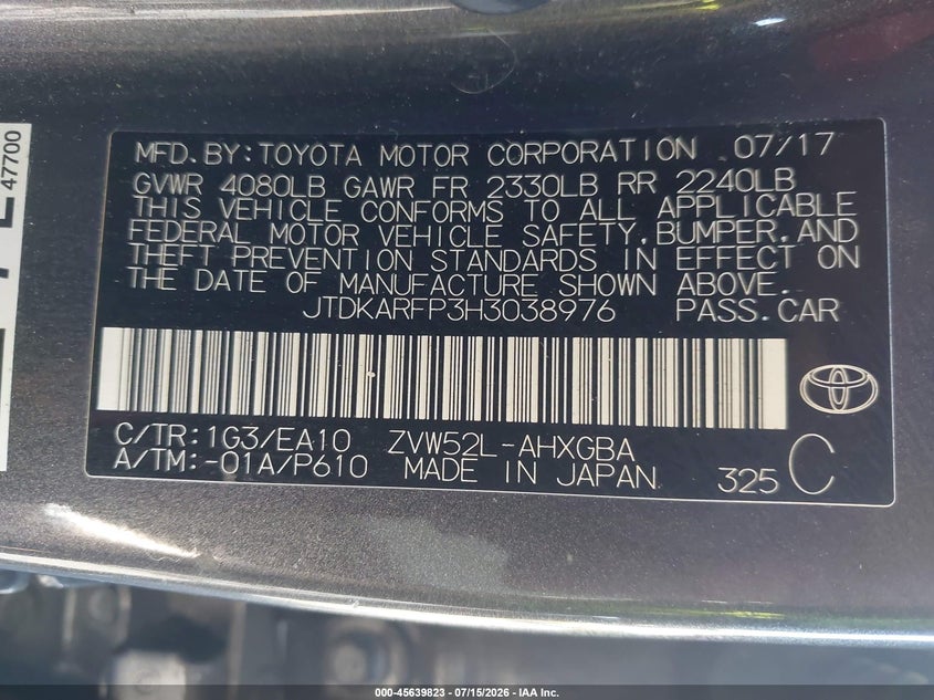 2017 Toyota Prius VIN JTDKARFP3H3038976 IAAI salvage auction — REAR END, Salvage (California), sold $9,000 on 2026-07-31 (photo 9)