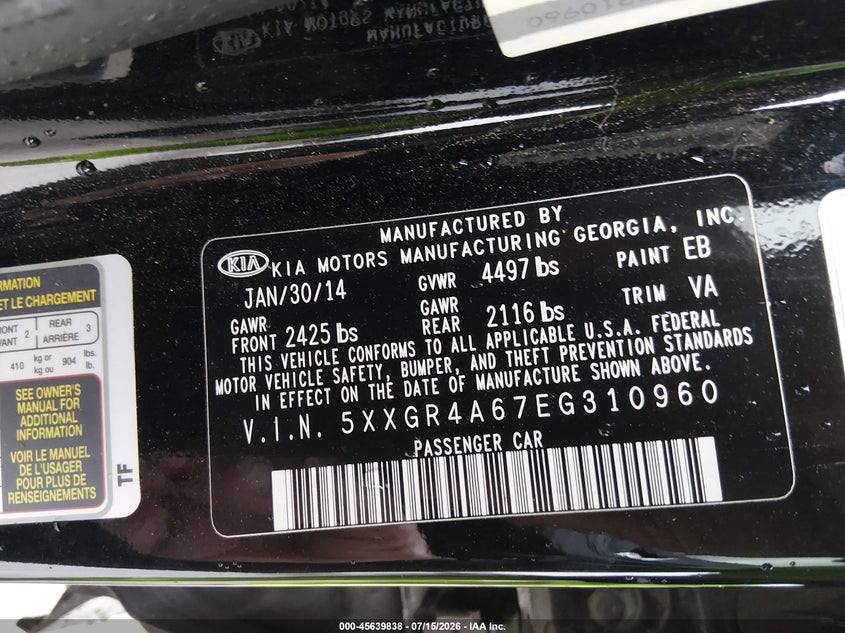 2014 Kia Optima VIN 5XXGR4A67EG310960 IAAI salvage auction — FRONT & REAR, Salvage (Texas), sold $25 on 2026-07-29 (photo 9)