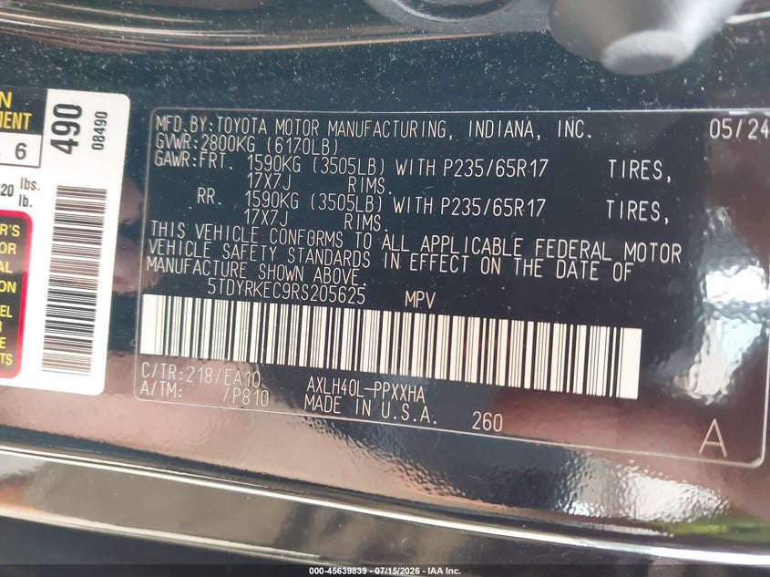 2024 Toyota Sienna VIN 5TDYRKEC9RS205625 IAAI salvage auction — FRONT END, Original (Ohio), sold $8,900 on 2026-07-23 (photo 9)