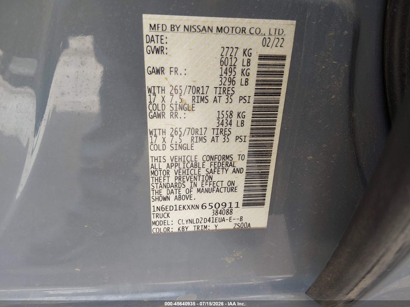 2022 Nissan Frontier VIN 1N6ED1EKXNN650911 IAAI salvage auction — LEFT FRONT, Salvage (Arkansas), sold $15,500 on 2026-07-22 (photo 9)