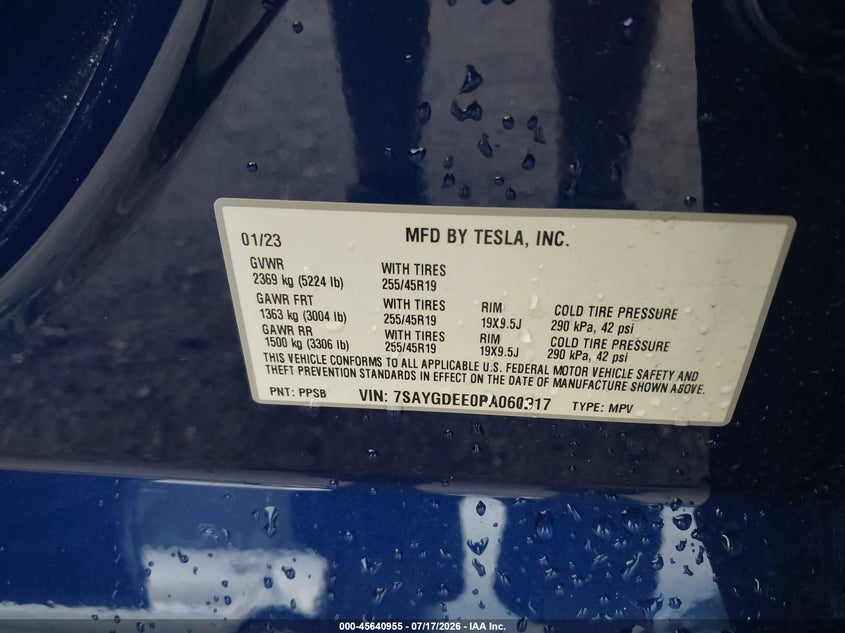 2023 Tesla Model y VIN 7SAYGDEE0PA060317 IAAI salvage auction — RIGHT SIDE, Wait Title, sold $10,500 on 2026-08-28 (photo 9)
