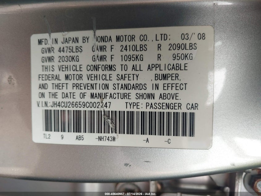 2009 Acura Tsx VIN JH4CU26659C002247 IAAI salvage auction — RIGHT SIDE, Clear (New Jersey), sold $700 on 2026-07-29 (photo 9)