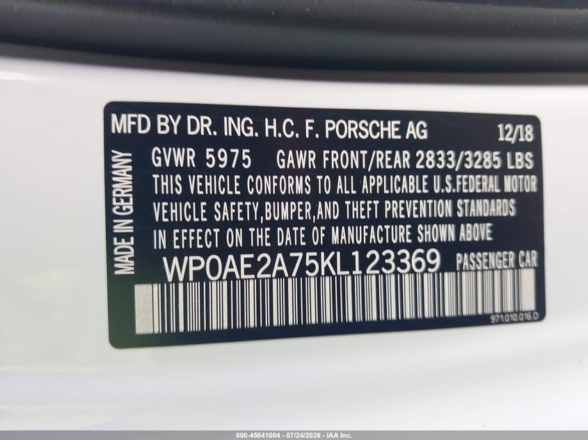 2019 Porsche Panamera VIN WP0AE2A75KL123369 IAAI salvage auction — FRONT END, Wait Title, sold $23,700 on 2026-08-25 (photo 9)
