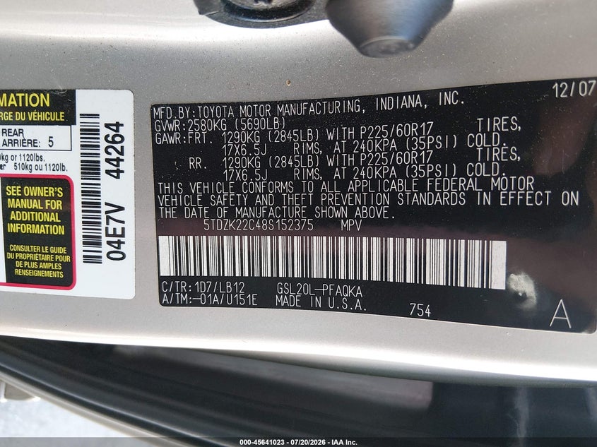 2008 Toyota Sienna VIN 5TDZK22C48S152375 IAAI salvage auction — NORMAL WEAR, Clear-Dealer Only (North Carolina), sold $400 on 2026-07-29 (photo 9)