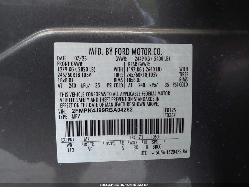 2024 Ford Edge VIN 2FMPK4J99RBA04262 IAAI salvage auction — LEFT FRONT, Salvage Title, sold $7,600 on 2026-08-19 (photo 9)