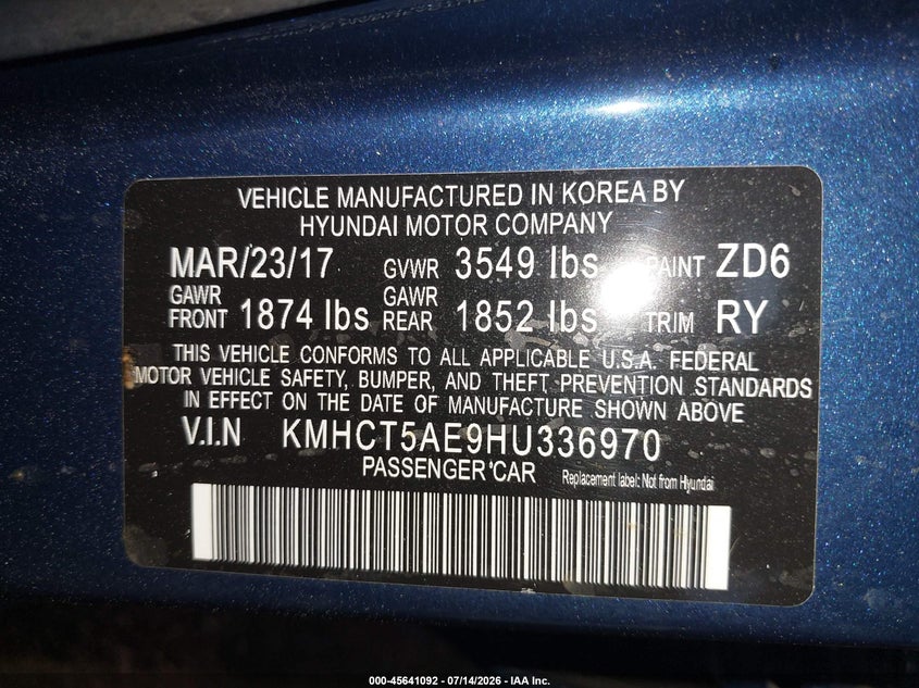 2017 Hyundai Accent VIN KMHCT5AE9HU336970 IAAI salvage auction — REAR END, Salvage Title, sold $1,650 on 2026-07-29 (photo 9)