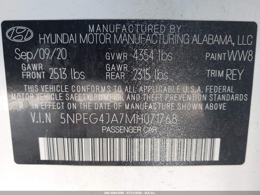 2021 Hyundai Sonata VIN 5NPEG4JA7MH071768 IAAI salvage auction — FRONT END, Clear (Tennessee), sold $25 on 2026-07-29 (photo 9)