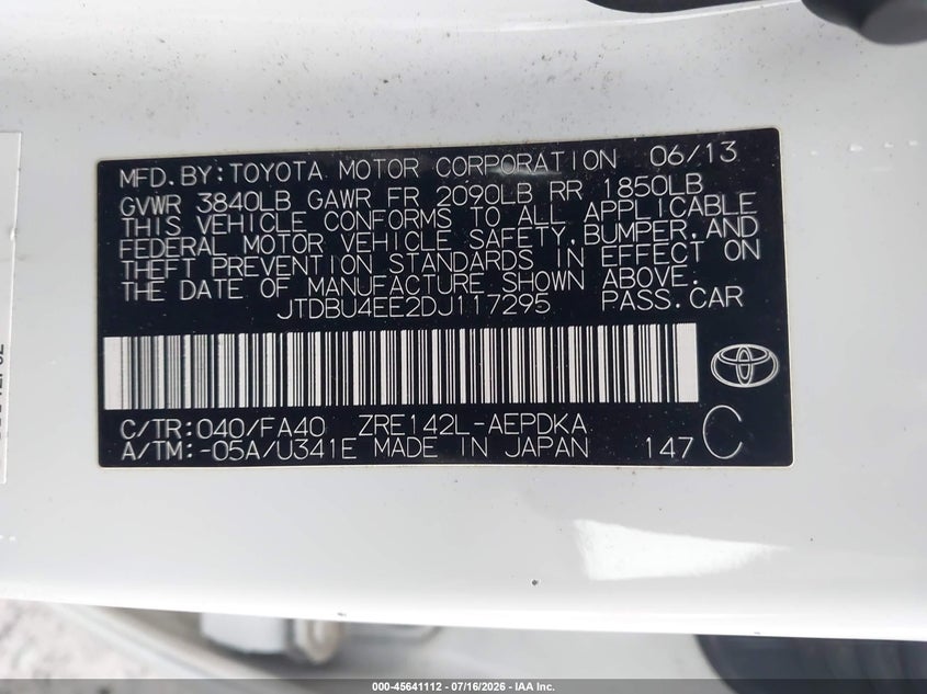 2013 Toyota Corolla VIN JTDBU4EE2DJ117295 IAAI salvage auction — NORMAL WEAR, Clear (Washington), sold $2,275 on 2026-07-22 (photo 9)