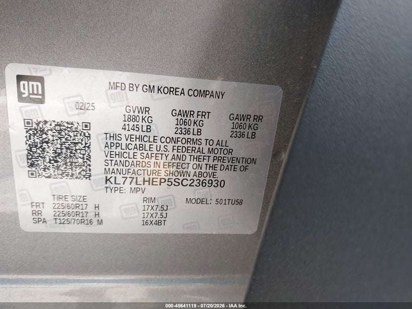 2025 Chevrolet Trax VIN KL77LHEP5SC236930 IAAI salvage auction — FRONT END, Clear (Florida), sold $2,450 on 2026-07-28 (photo 9)