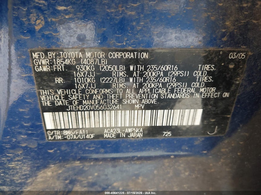 2005 Toyota Rav4 VIN JTEHD20V056032641 IAAI salvage auction — NORMAL WEAR, Clear (Washington), sold $800 on 2026-07-29 (photo 9)