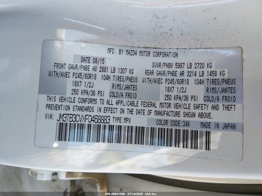 2015 Mazda Cx-9 VIN JM3TB3CVXF0468883 IAAI salvage auction — NORMAL WEAR, Clear-Dealer Only (Washington), sold $550 on 2026-07-30 (photo 9)