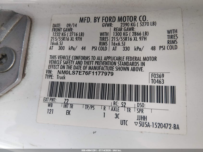 2015 Ford Transit VIN NM0LS7E76F1177979 IAAI salvage auction — NORMAL WEAR, Salvage Title, sold $225 on 2026-07-29 (photo 9)