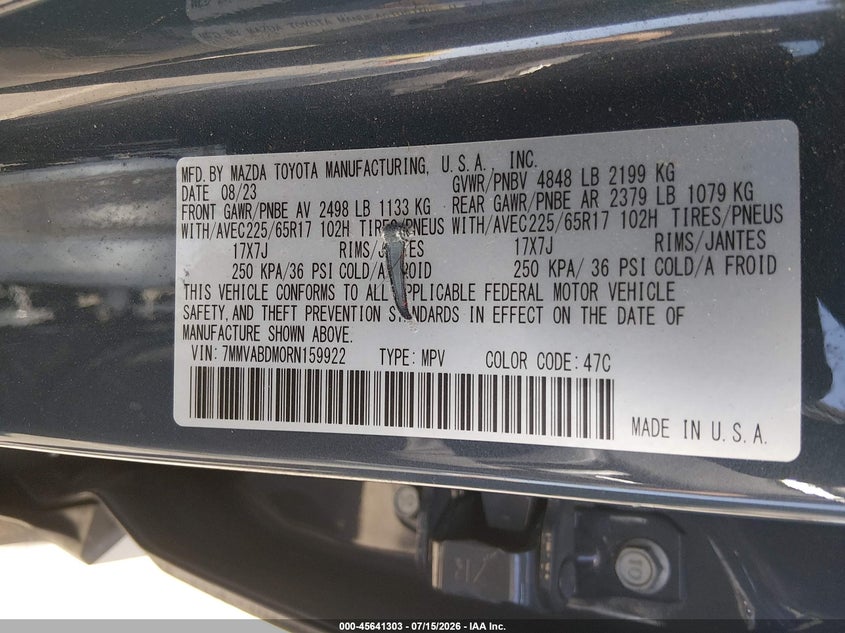 2024 Mazda Cx-50 VIN 7MMVABDM0RN159922 IAAI salvage auction — FRONT END, Salvage (California), sold $8,800 on 2026-08-01 (photo 9)