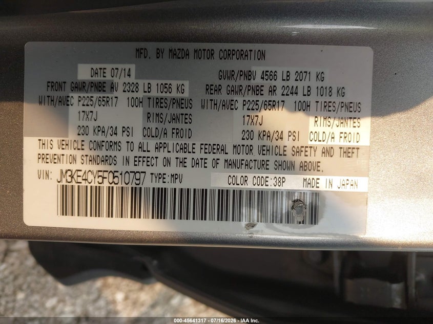 2015 Mazda Cx-5 VIN JM3KE4CY5F0510797 IAAI salvage auction — RIGHT REAR, Clear (Illinois), sold $25 on 2026-07-29 (photo 9)